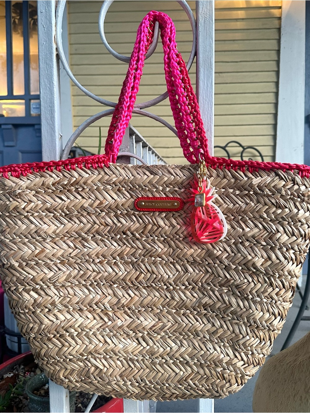 Juicy Couture “Picnic in the Park” Straw Tote Bag w Ribbon in Chain Detail
